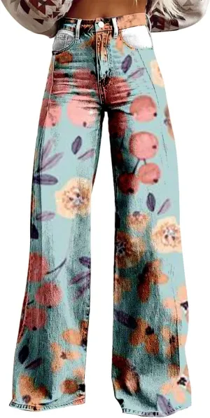Womens Vintage Floral Print Y2K Pants Casual High Waisted Button Wide Leg Pants Retro Graphic Printed Plus Size Pants