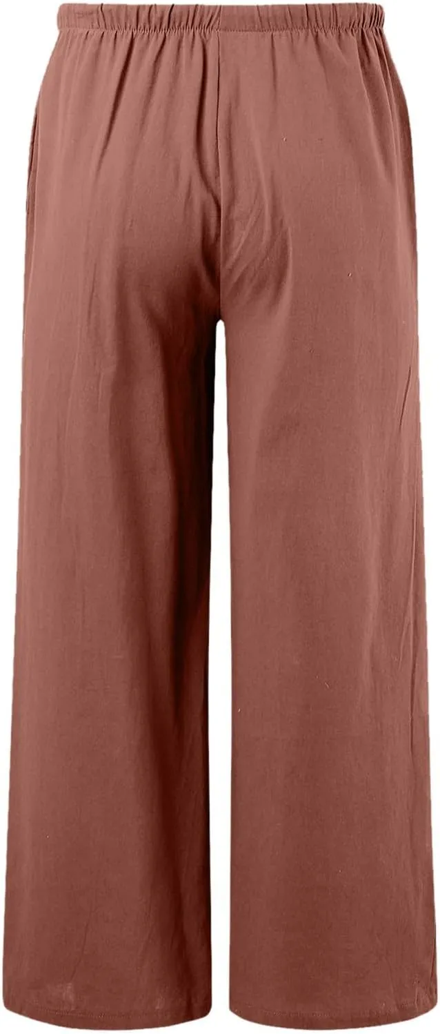 Women's Wide Leg Cotton Linen Pants High Waisted Drawstring Elastic Waist Lounge Trousers Beach Summer Casual Slacks