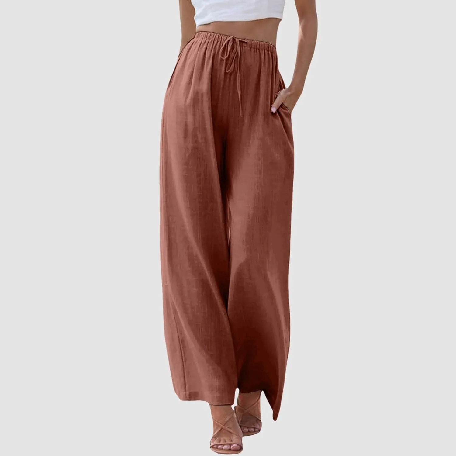 Women's Wide Leg Cotton Linen Pants High Waisted Drawstring Elastic Waist Lounge Trousers Beach Summer Casual Slacks