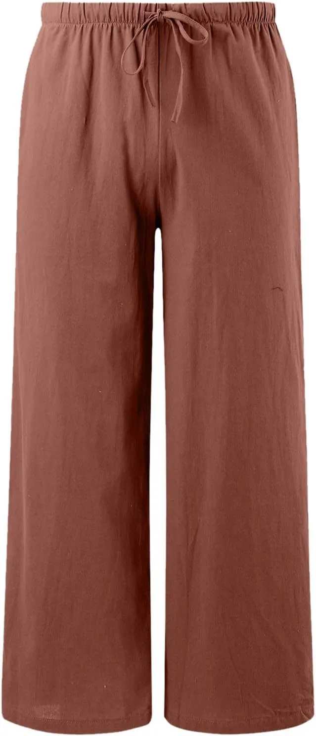 Women's Wide Leg Cotton Linen Pants High Waisted Drawstring Elastic Waist Lounge Trousers Beach Summer Casual Slacks