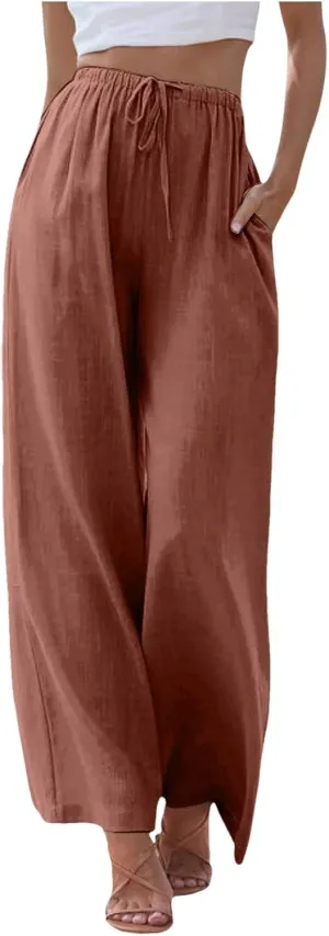 Women's Wide Leg Cotton Linen Pants High Waisted Drawstring Elastic Waist Lounge Trousers Beach Summer Casual Slacks