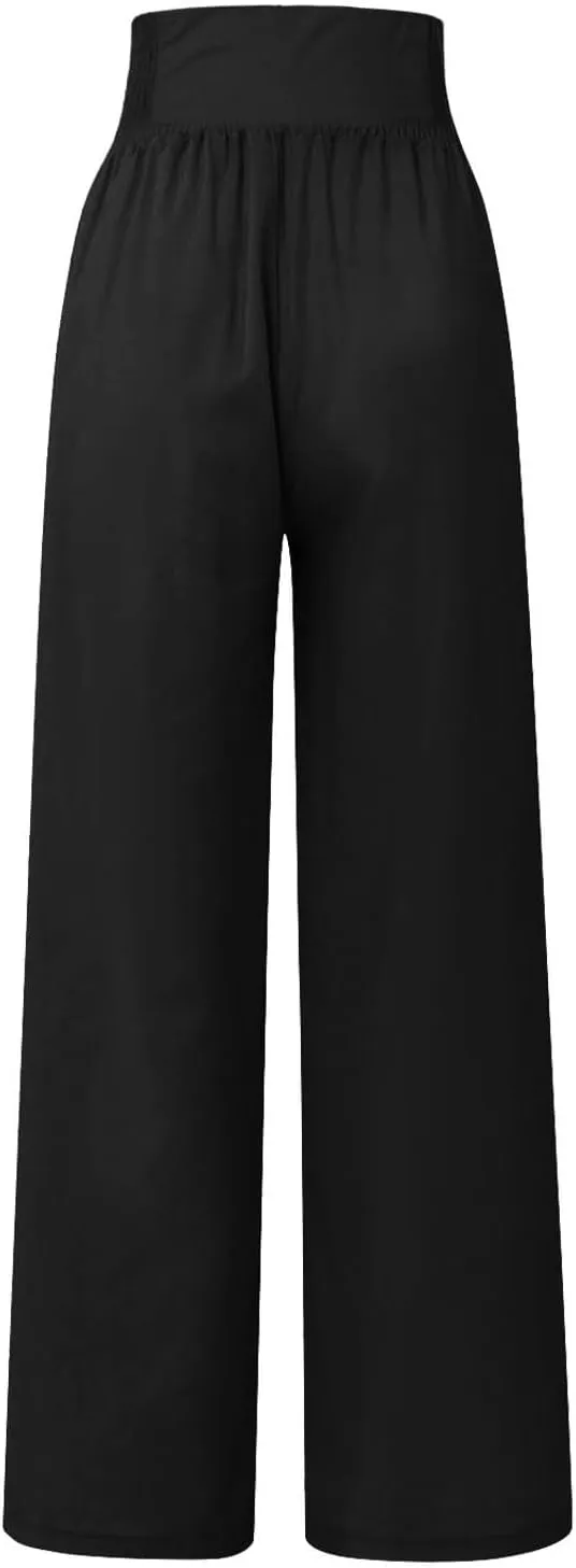 Womens Wide Leg Linen Pants High Waist Summer Casual Baggy Lounge Slacks Beach Boho Lightweight Trousers with Pockets