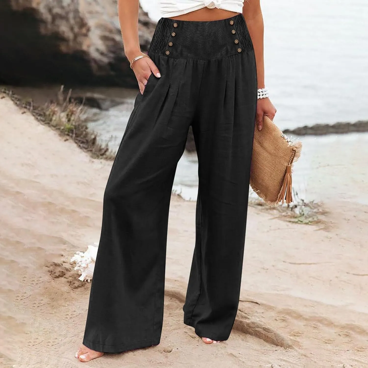 Womens Wide Leg Linen Pants High Waist Summer Casual Baggy Lounge Slacks Beach Boho Lightweight Trousers with Pockets