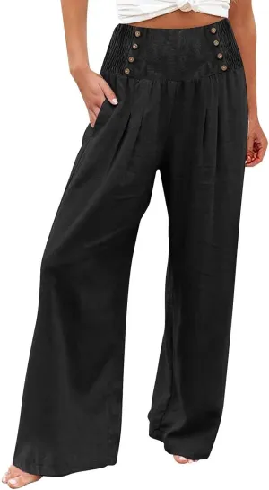 Womens Wide Leg Linen Pants High Waist Summer Casual Baggy Lounge Slacks Beach Boho Lightweight Trousers with Pockets