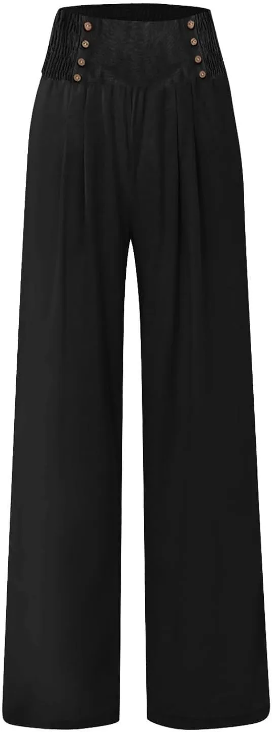 Womens Wide Leg Linen Pants High Waist Summer Casual Baggy Lounge Slacks Beach Boho Lightweight Trousers with Pockets