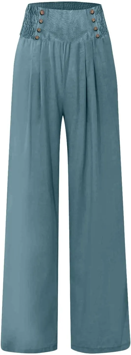 Womens Wide Leg Linen Pants High Waist Summer Casual Baggy Lounge Slacks Lightweight Beach Boho Trousers with Pockets