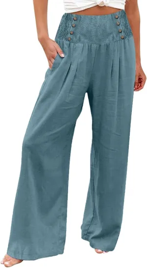 Womens Wide Leg Linen Pants High Waist Summer Casual Baggy Lounge Slacks Lightweight Beach Boho Trousers with Pockets