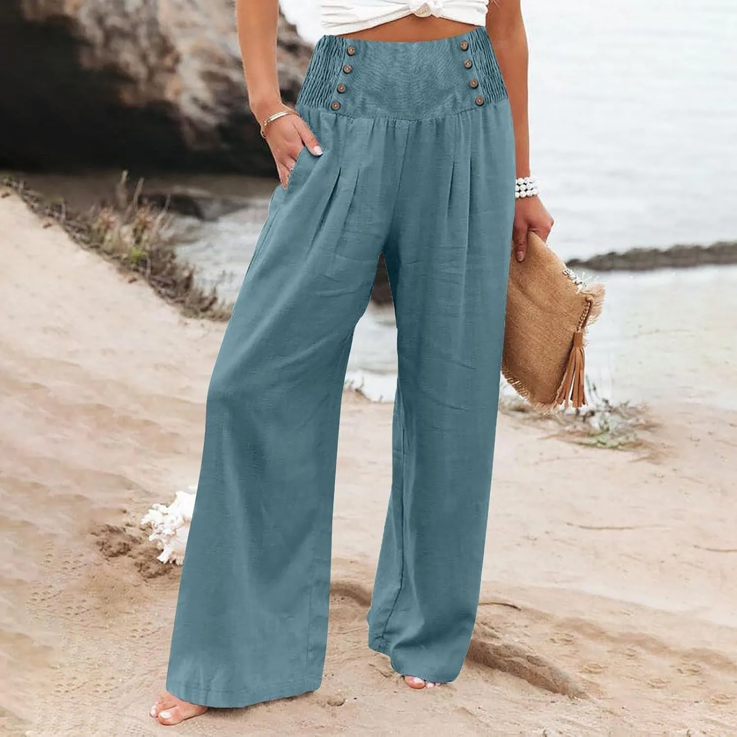 Womens Wide Leg Linen Pants High Waist Summer Casual Baggy Lounge Slacks Lightweight Beach Boho Trousers with Pockets