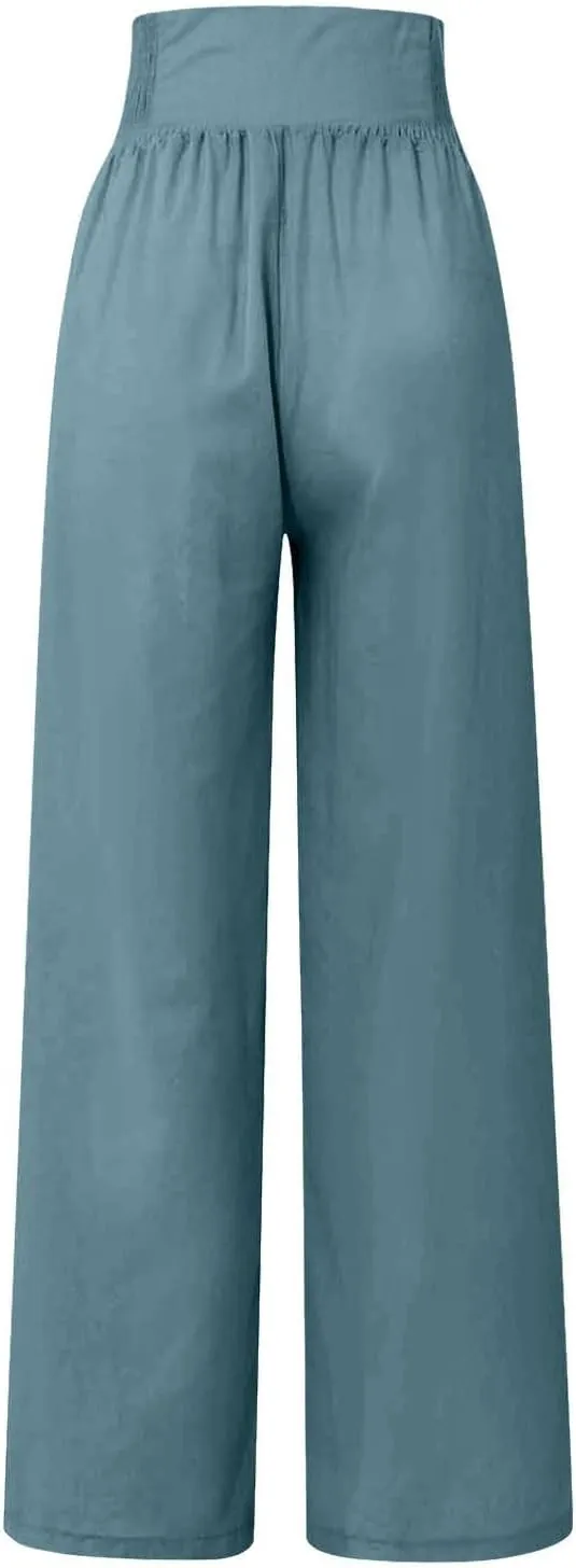 Womens Wide Leg Linen Pants High Waist Summer Casual Baggy Lounge Slacks Lightweight Beach Boho Trousers with Pockets
