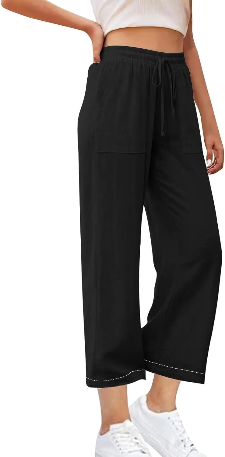 Women's Wide Leg Linen Pants High Waisted Boho Casual Palazzo Pants Summer Beach Drawstring Trousers with Pockets