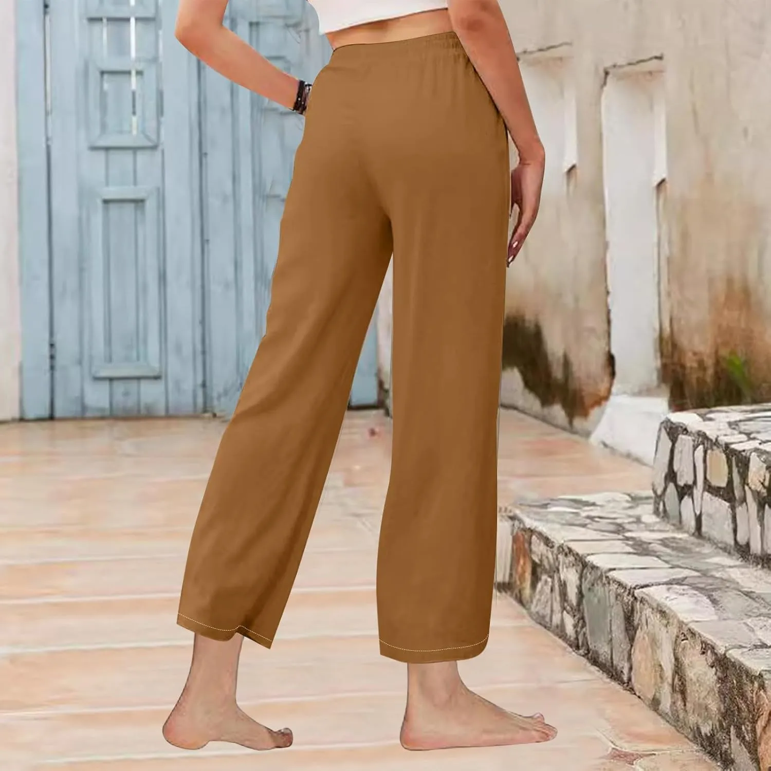 Women's Wide Leg Linen Pants High Waisted Boho Casual Palazzo Pants Summer Beach Drawstring Trousers with Pockets