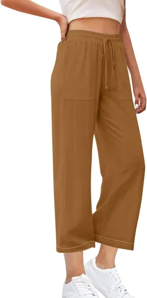 Women's Wide Leg Linen Pants High Waisted Boho Casual Palazzo Pants Summer Beach Drawstring Trousers with Pockets
