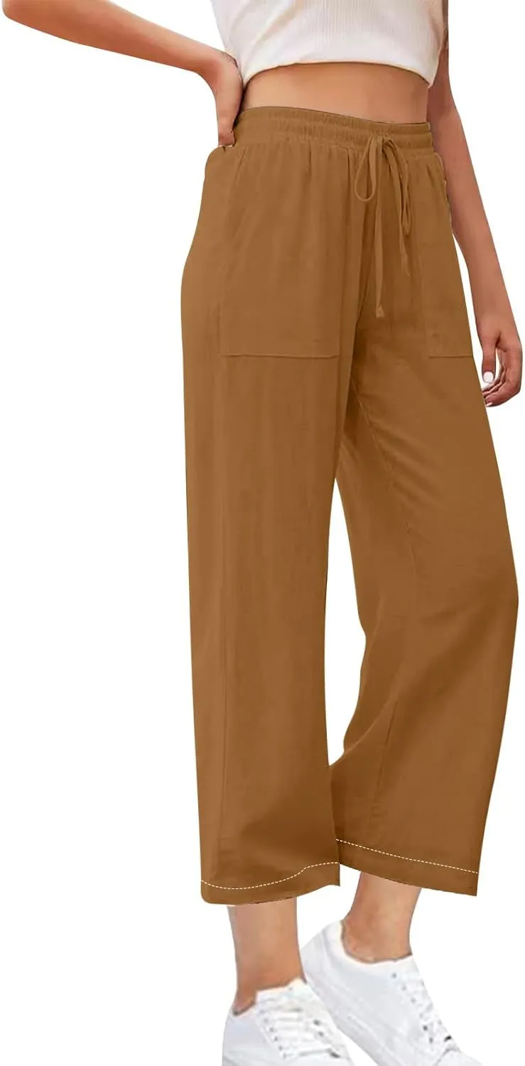 Women's Wide Leg Linen Pants High Waisted Boho Casual Palazzo Pants Summer Beach Drawstring Trousers with Pockets