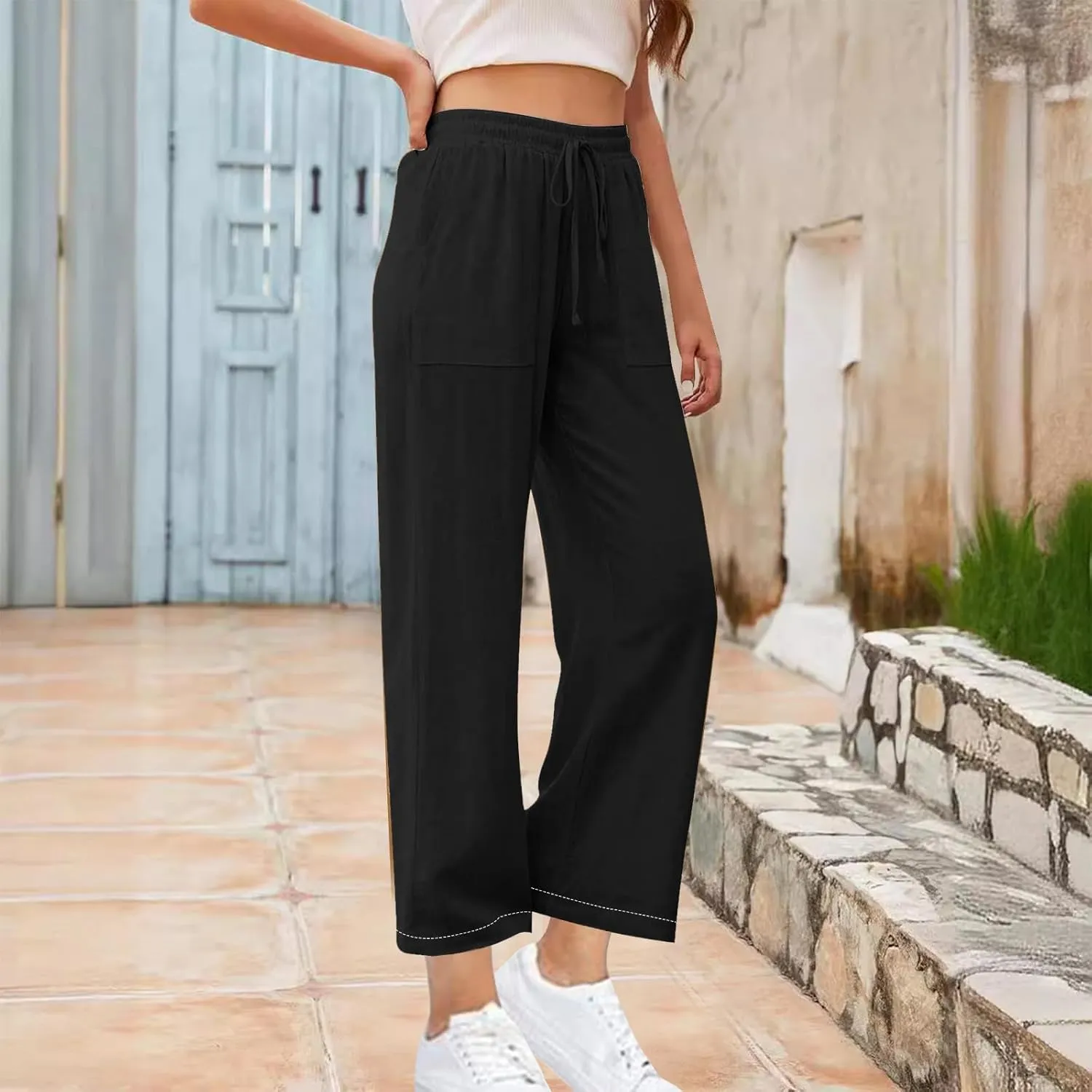 Women's Wide Leg Linen Pants High Waisted Boho Casual Palazzo Pants Summer Beach Drawstring Trousers with Pockets