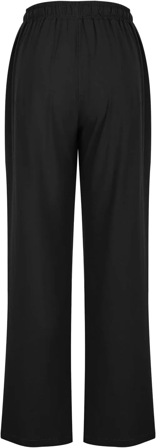 Women's Wide Leg Linen Pants High Waisted Boho Casual Palazzo Pants Summer Beach Drawstring Trousers with Pockets