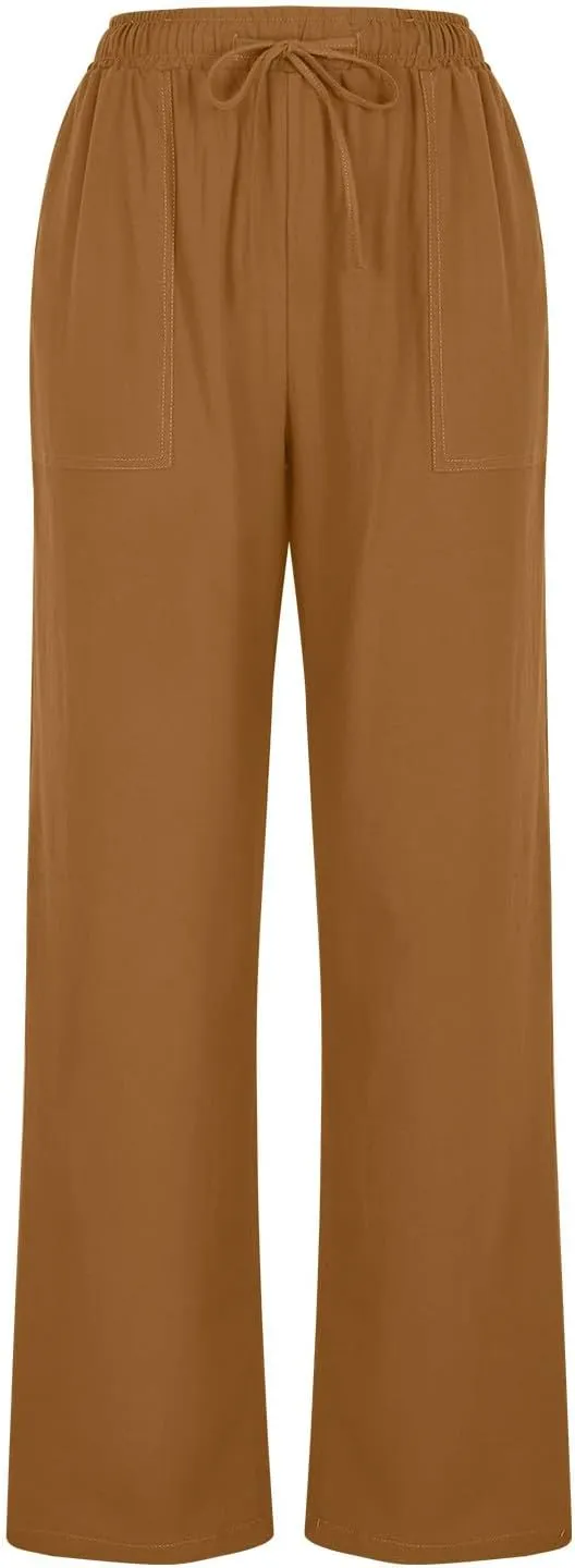 Women's Wide Leg Linen Pants High Waisted Boho Casual Palazzo Pants Summer Beach Drawstring Trousers with Pockets