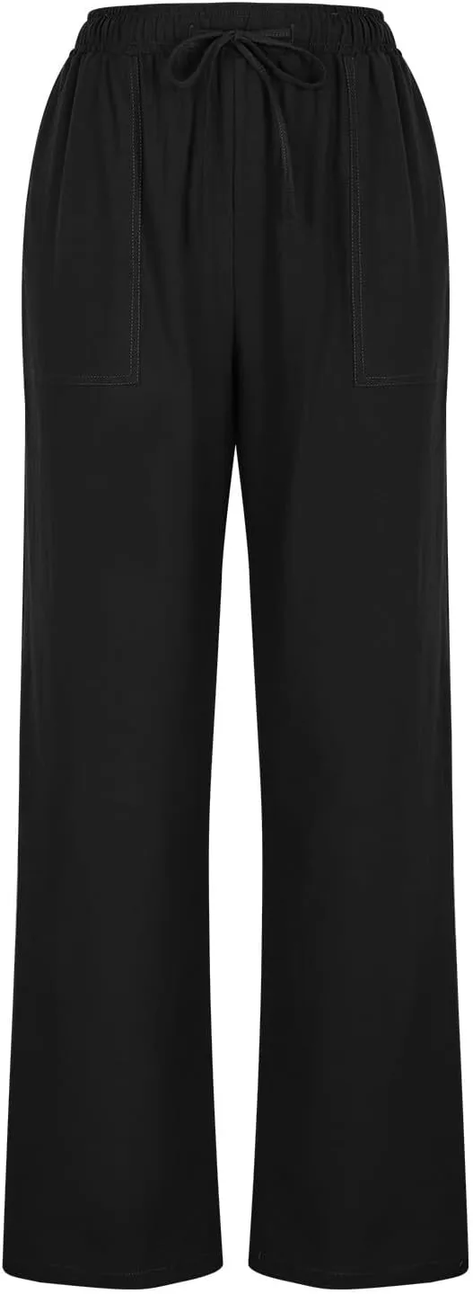Women's Wide Leg Linen Pants High Waisted Boho Casual Palazzo Pants Summer Beach Drawstring Trousers with Pockets