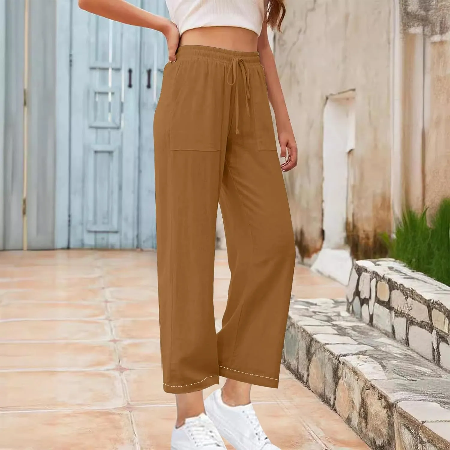 Women's Wide Leg Linen Pants High Waisted Boho Casual Palazzo Pants Summer Beach Drawstring Trousers with Pockets