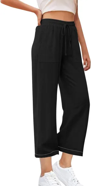 Women's Wide Leg Linen Pants High Waisted Boho Casual Palazzo Pants Summer Beach Drawstring Trousers with Pockets