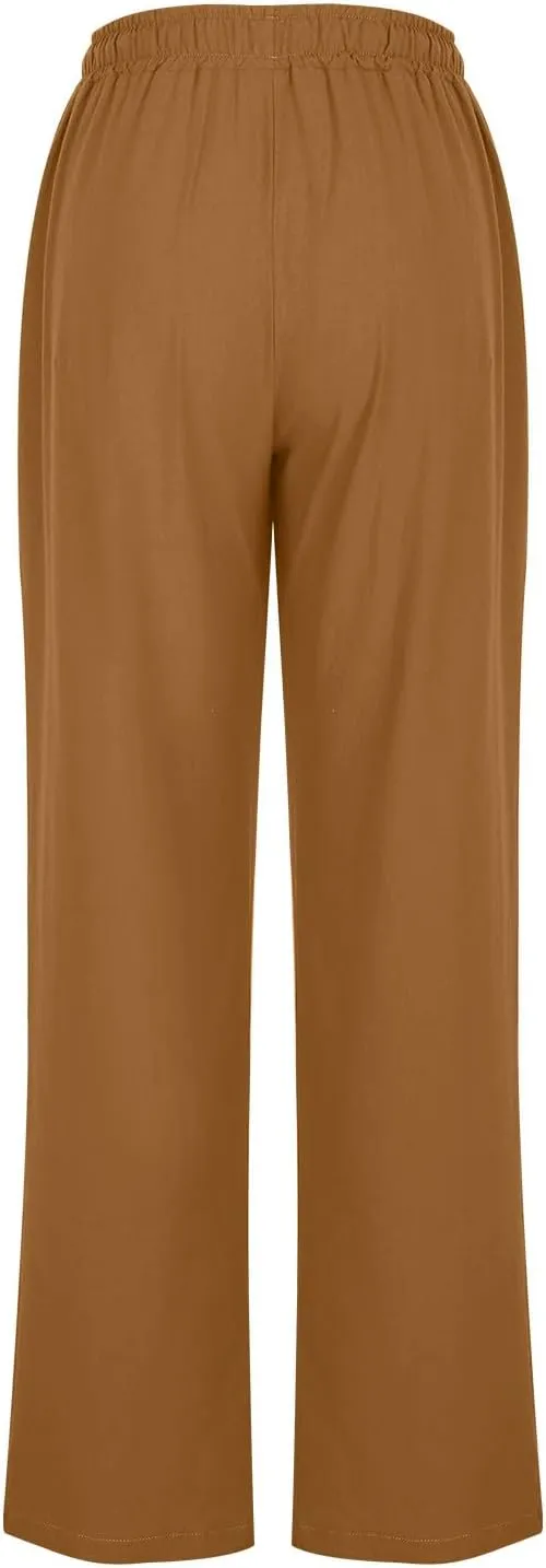 Women's Wide Leg Linen Pants High Waisted Boho Casual Palazzo Pants Summer Beach Drawstring Trousers with Pockets