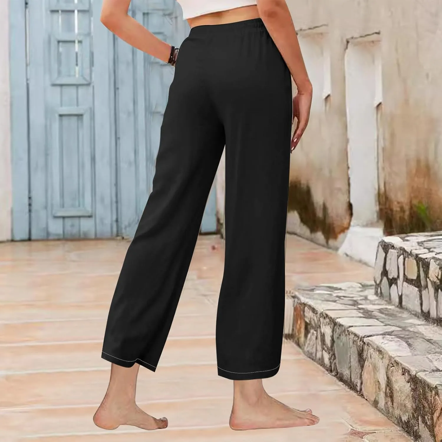 Women's Wide Leg Linen Pants High Waisted Boho Casual Palazzo Pants Summer Beach Drawstring Trousers with Pockets