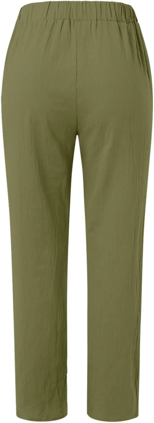 Womens Wide Leg Linen Pants Summer Beach Lounge Trousers Casual Fashion Solid Color Vacation Clothes for Women