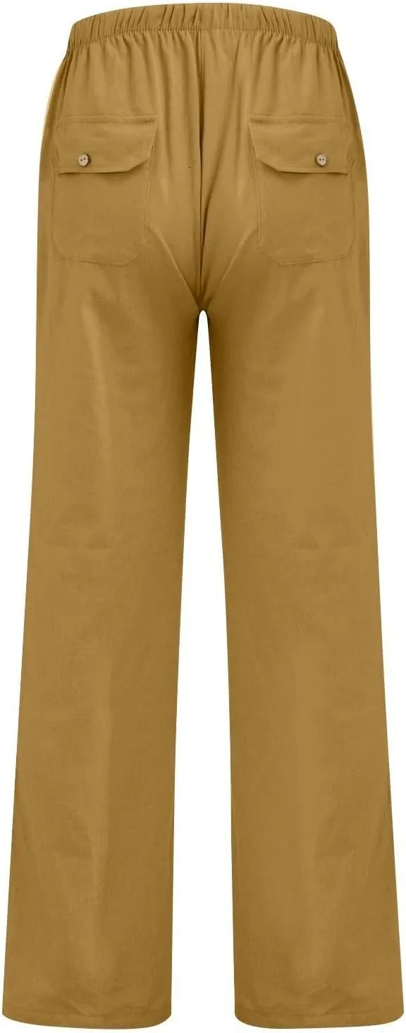 Womens Wide Leg Lounge Pants Lightweight Flowy Cotton Linen Trousers Loose High Waisted Summer Beach Pants Pockets