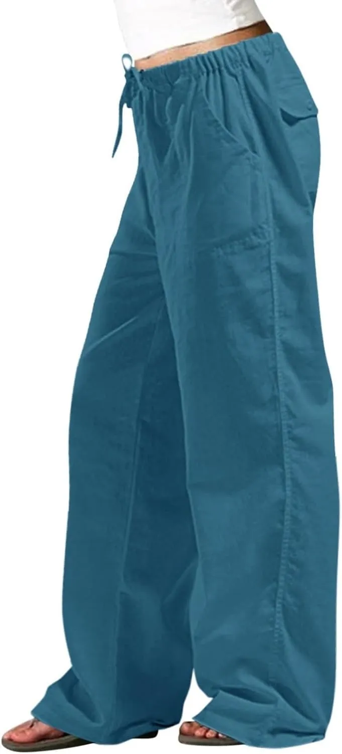 Womens Wide Leg Lounge Pants Lightweight Flowy Cotton Linen Trousers Loose High Waisted Summer Beach Pants Pockets