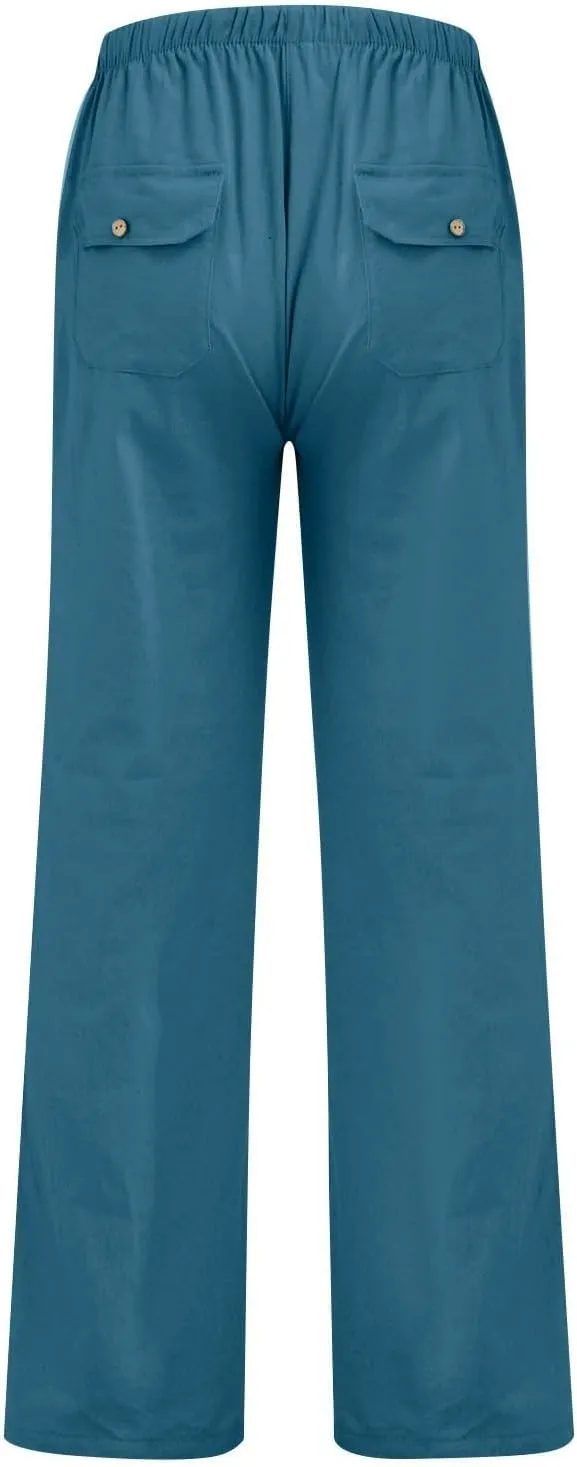 Womens Wide Leg Lounge Pants Lightweight Flowy Cotton Linen Trousers Loose High Waisted Summer Beach Pants Pockets