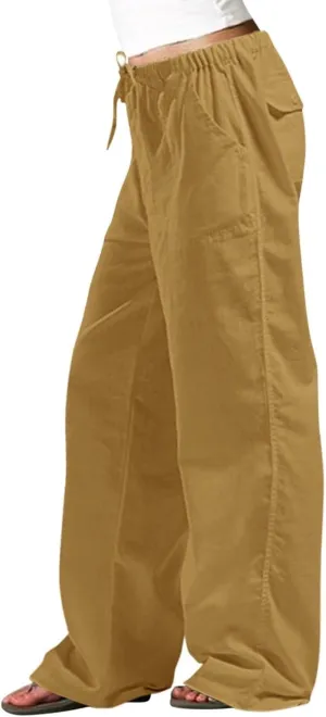 Womens Wide Leg Lounge Pants Lightweight Flowy Cotton Linen Trousers Loose High Waisted Summer Beach Pants Pockets