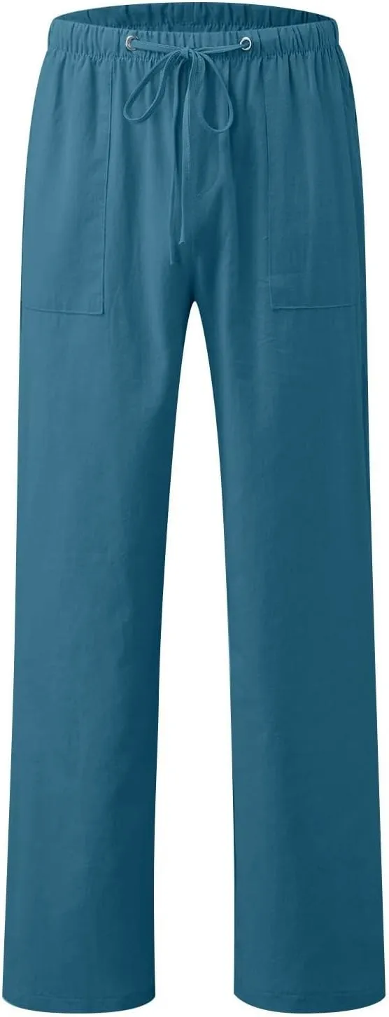 Womens Wide Leg Lounge Pants Lightweight Flowy Cotton Linen Trousers Loose High Waisted Summer Beach Pants Pockets