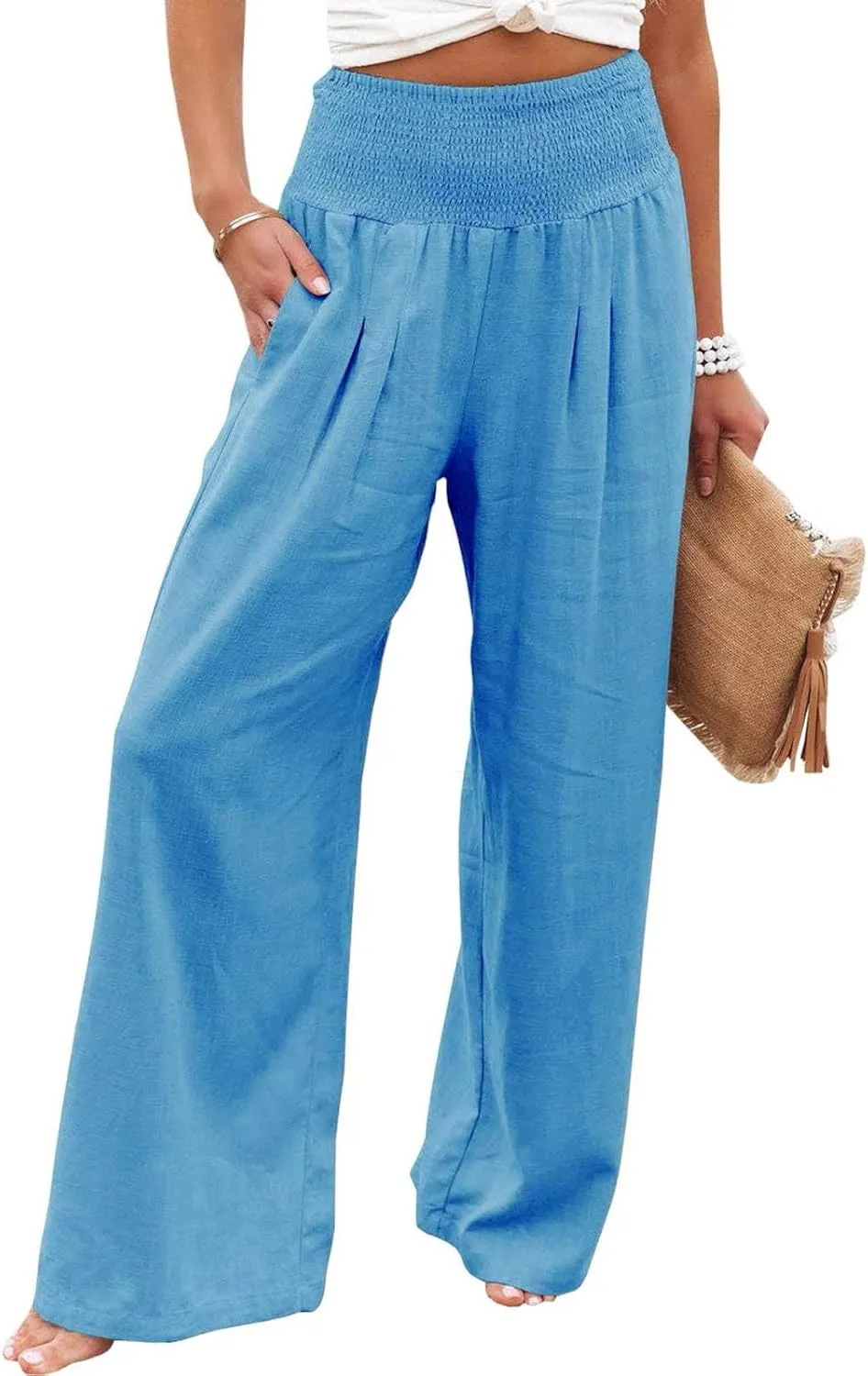 Womens Wide Leg Palazzo Pants Cotton Linen Pleated Smocked High Waisted Pants Summer Casual Lounge Trousers with Pockets
