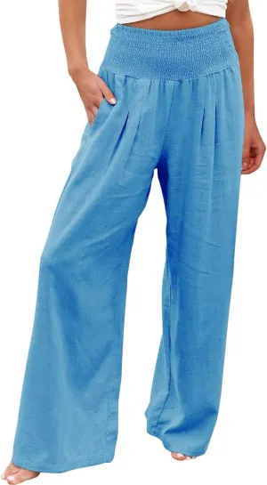 Womens Wide Leg Palazzo Pants Cotton Linen Pleated Smocked High Waisted Pants Summer Casual Lounge Trousers with Pockets