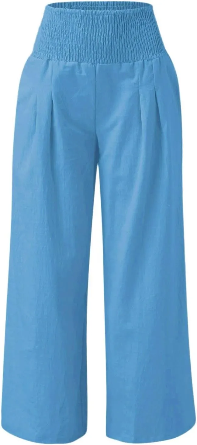 Womens Wide Leg Palazzo Pants Cotton Linen Pleated Smocked High Waisted Pants Summer Casual Lounge Trousers with Pockets