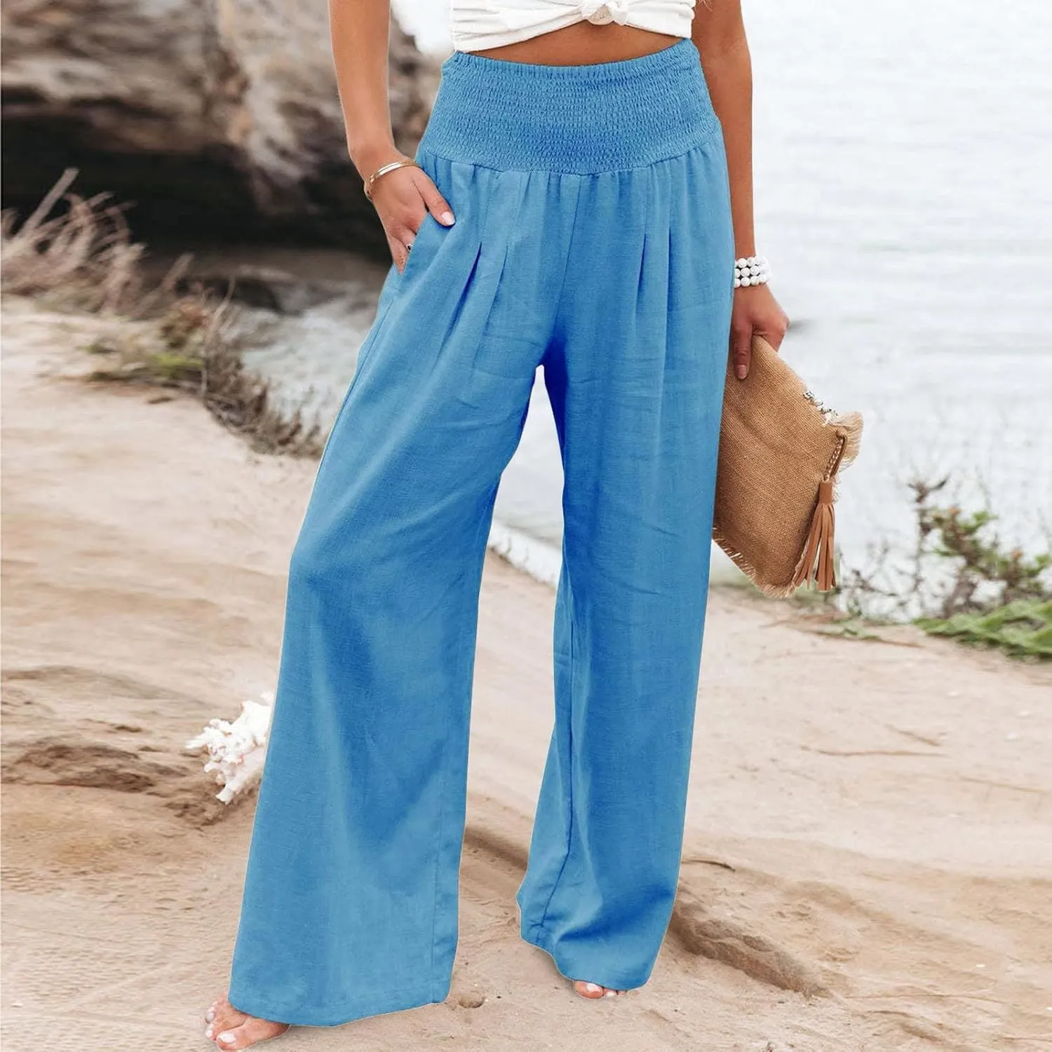 Womens Wide Leg Palazzo Pants Cotton Linen Pleated Smocked High Waisted Pants Summer Casual Lounge Trousers with Pockets