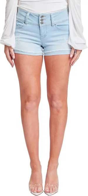 YMI Women's Junior Wannabettabutt 3 Button Mid-Rise Cuffed Lightly Distressed Denim Short