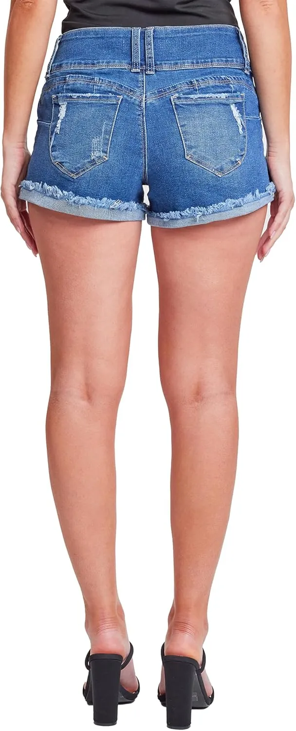 YMI Women's Junior Wannabettabutt 3 Button Mid-Rise Cuffed Lightly Distressed Denim Short