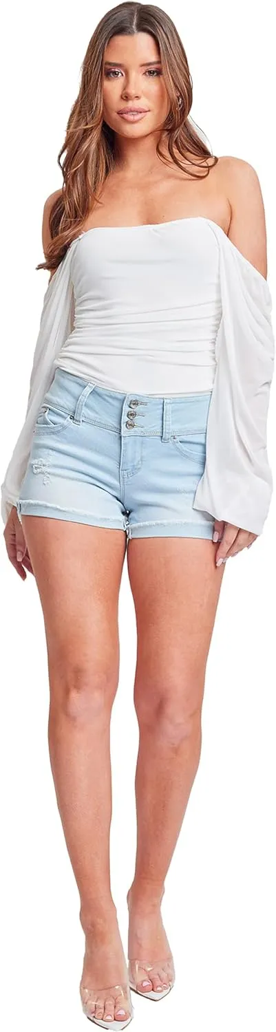 YMI Women's Junior Wannabettabutt 3 Button Mid-Rise Cuffed Lightly Distressed Denim Short
