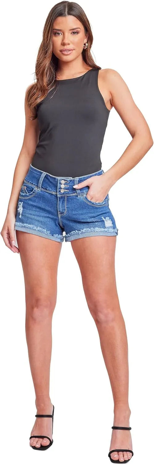 YMI Women's Junior Wannabettabutt 3 Button Mid-Rise Cuffed Lightly Distressed Denim Short