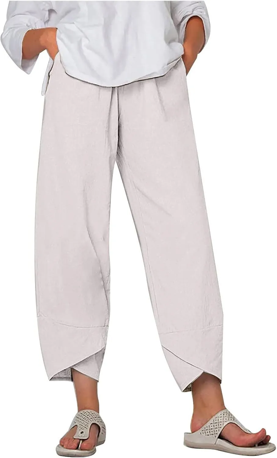ZOCANIA Linen Capri Pants for Women Casual Summer Petite Linen Trousers Cropped Linen Wide Leg Pants with Pockets