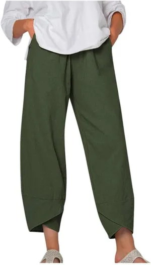 ZOCANIA Linen Capri Pants for Women Casual Summer Petite Linen Trousers Cropped Linen Wide Leg Pants with Pockets