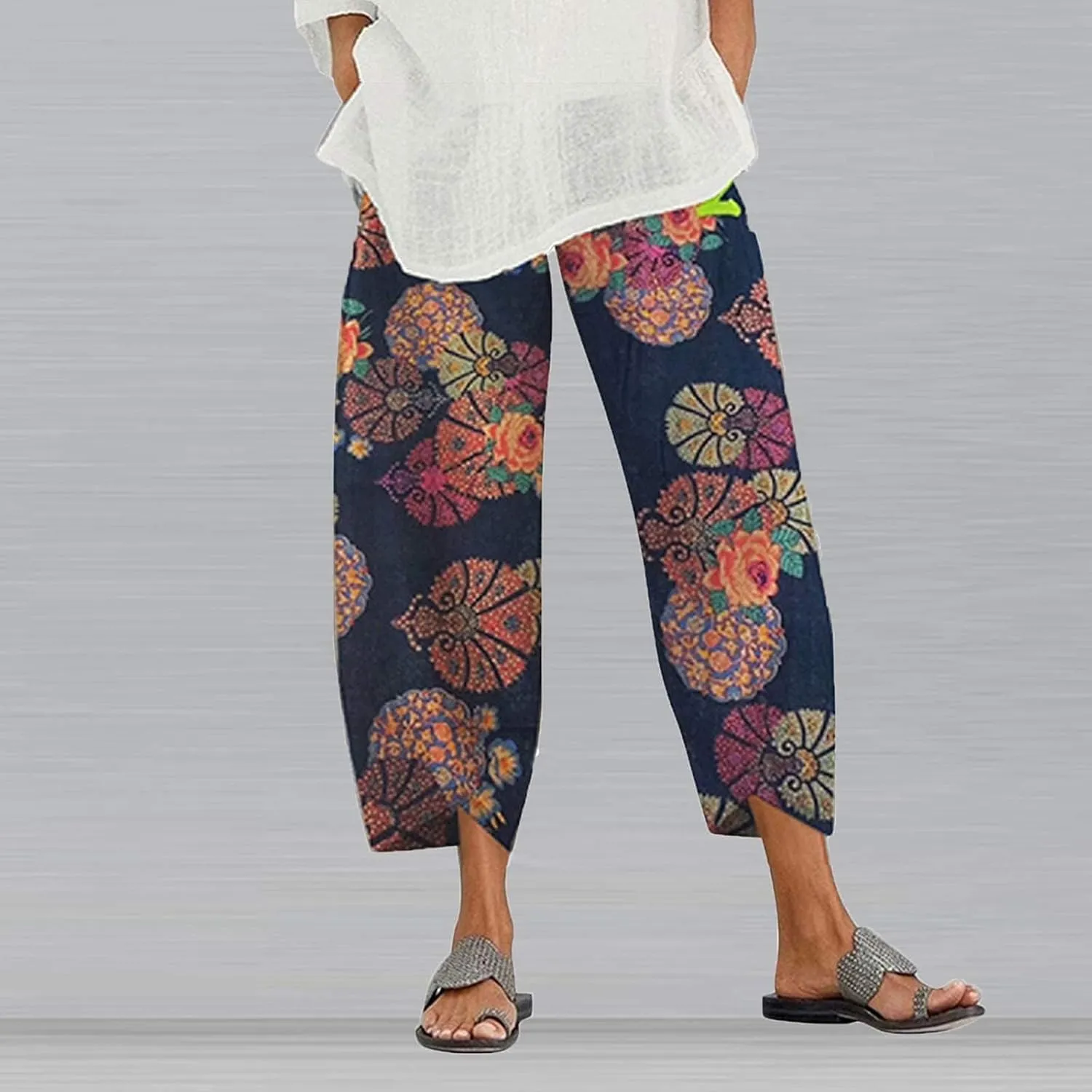 ZOCANIA Linen Capri Pants for Women Casual Summer Petite Linen Trousers Cropped Linen Wide Leg Pants with Pockets